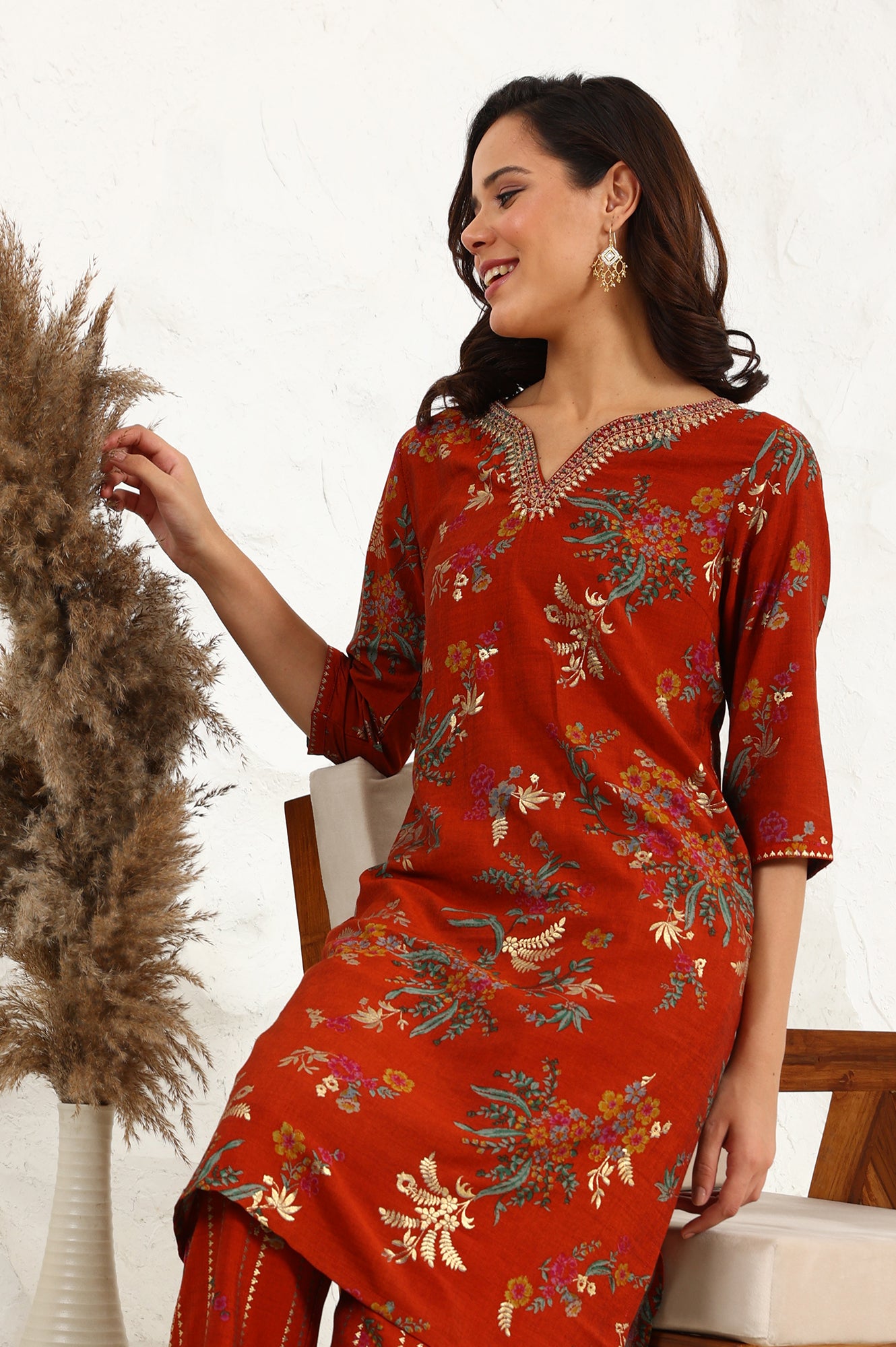 Equestrian Red Foil Floral Printed Vicuna Crepe Straight Kurta And Pants Set