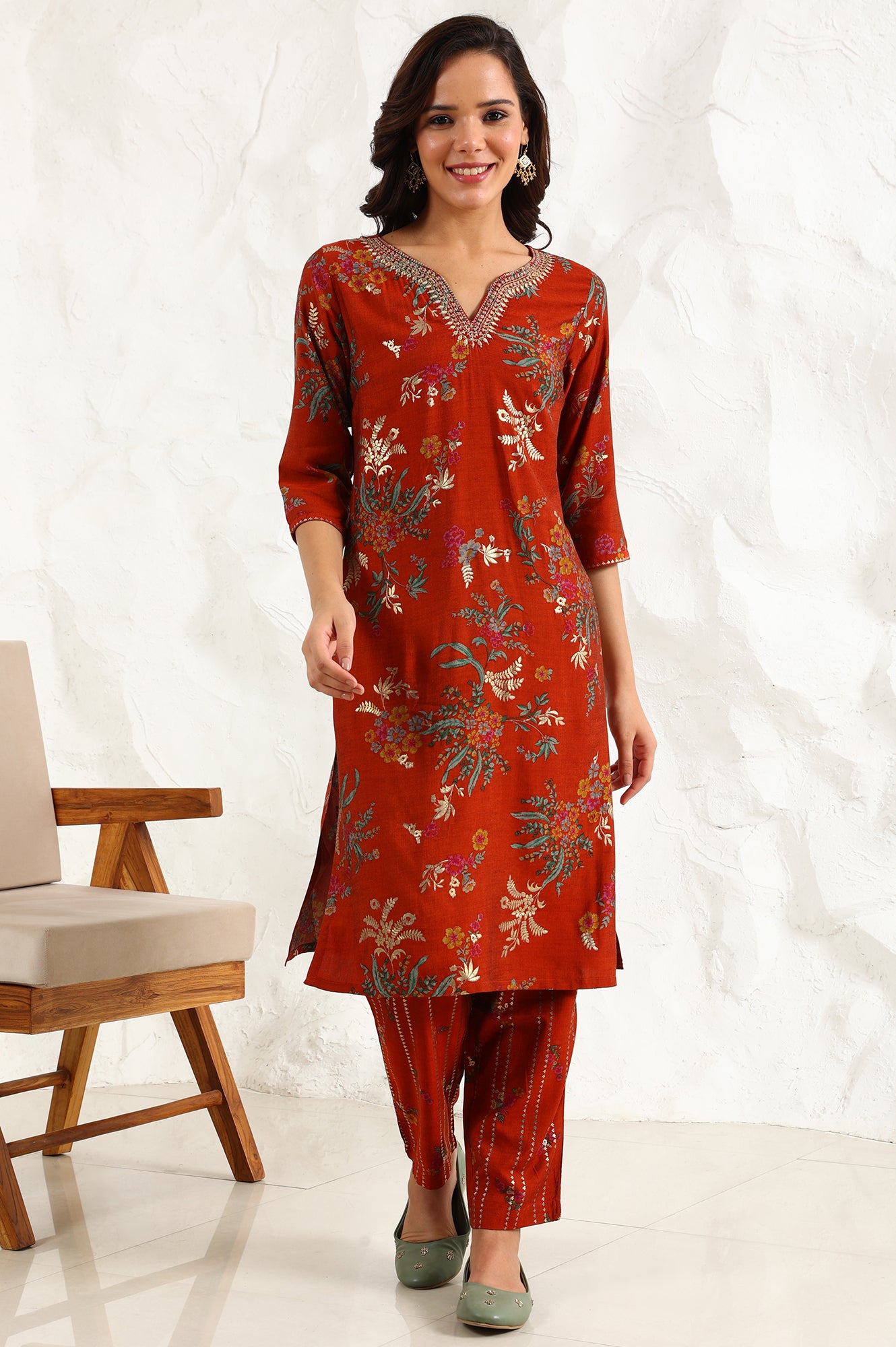 Equestrian Red Foil Floral Printed Vicuna Crepe Straight Kurta And Pants Set