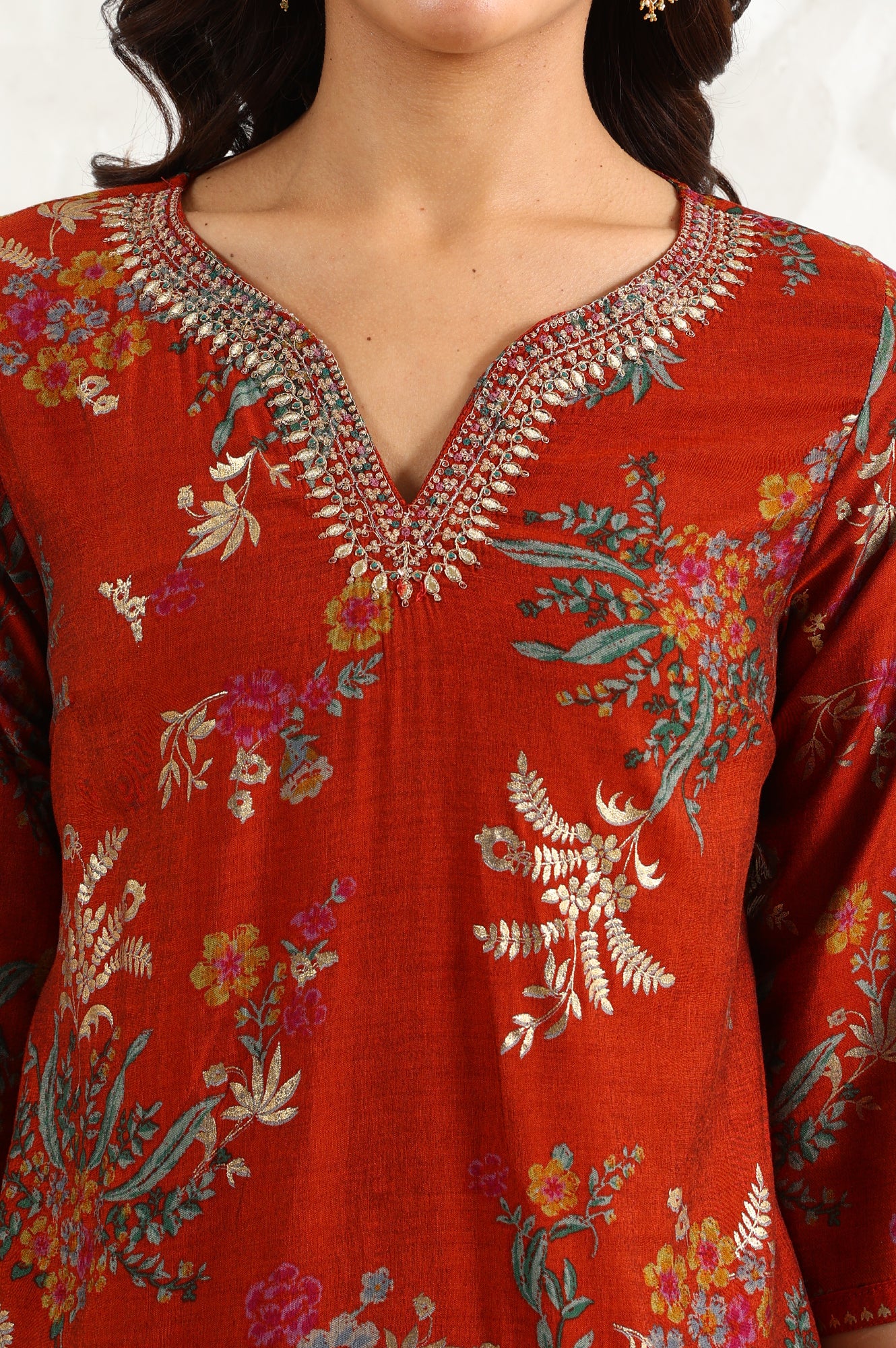 Equestrian Red Foil Floral Printed Vicuna Crepe Straight Kurta And Pants Set