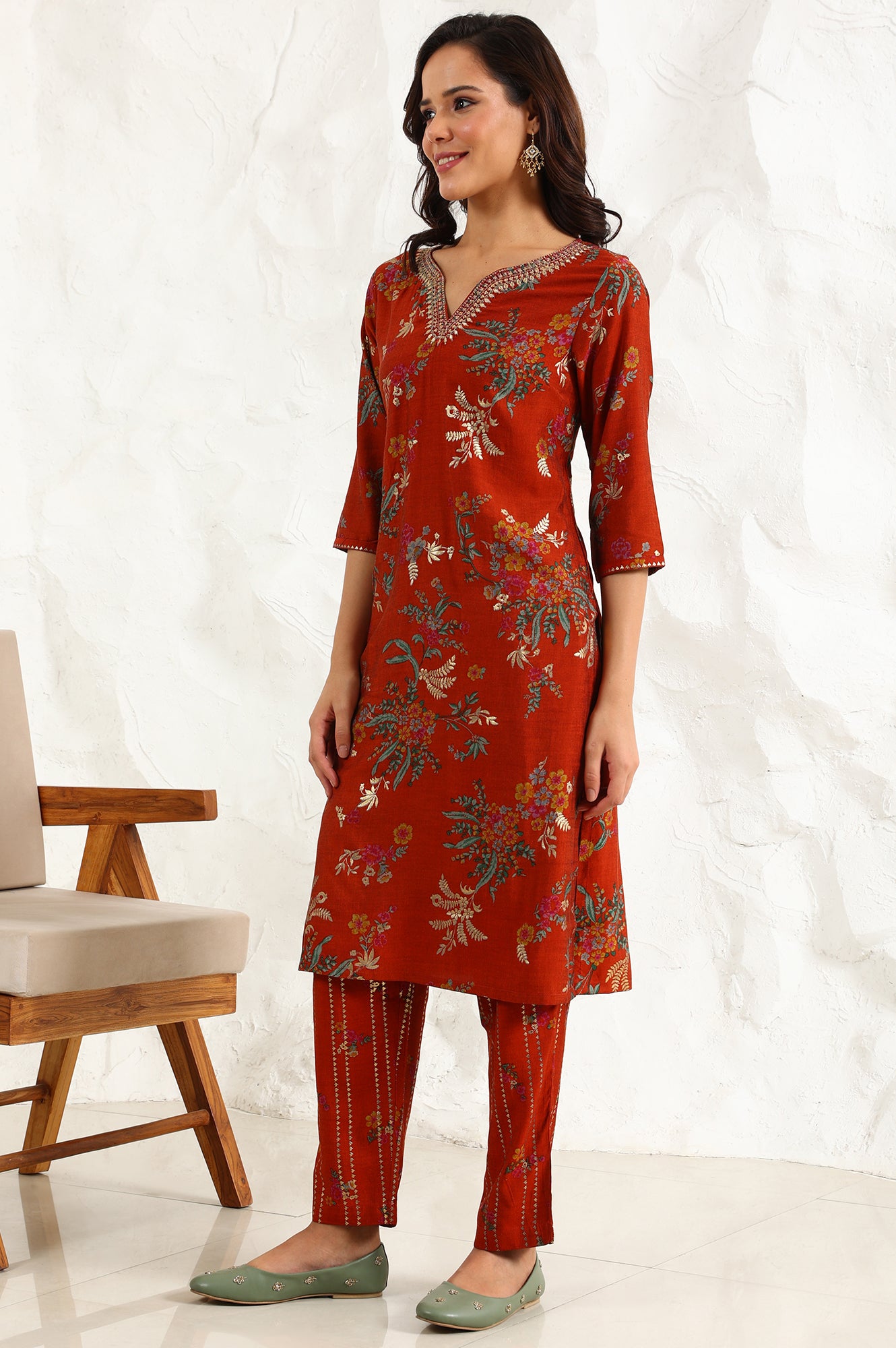 Equestrian Red Foil Floral Printed Vicuna Crepe Straight Kurta And Pants Set