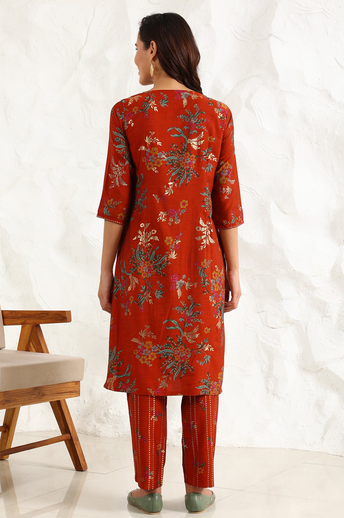 Equestrian Red Foil Floral Printed Vicuna Crepe Straight Kurta And Pants Set