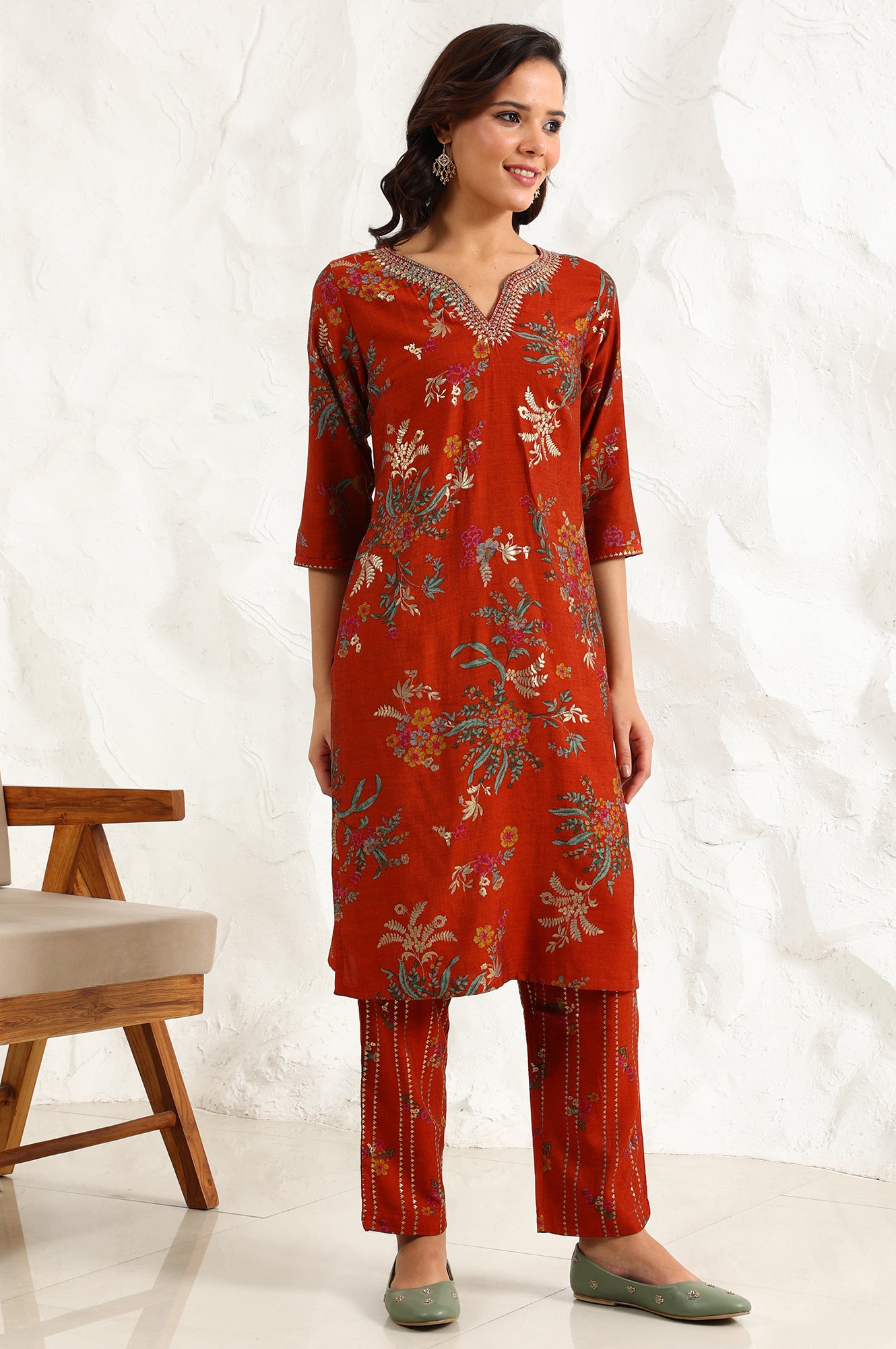 Equestrian Red Foil Floral Printed Vicuna Crepe Straight Kurta And Pants Set