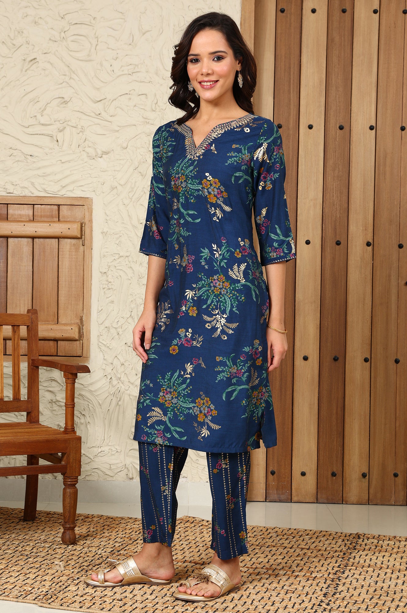 Royal Blue Foil Floral Printed Vicuna Crepe Straight Kurta And Pants Set