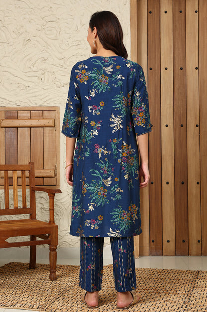 Royal Blue Foil Floral Printed Vicuna Crepe Straight Kurta And Pants Set