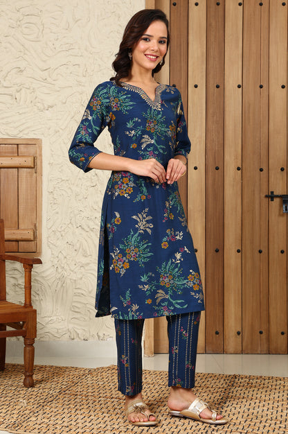 Royal Blue Foil Floral Printed Vicuna Crepe Straight Kurta And Pants Set