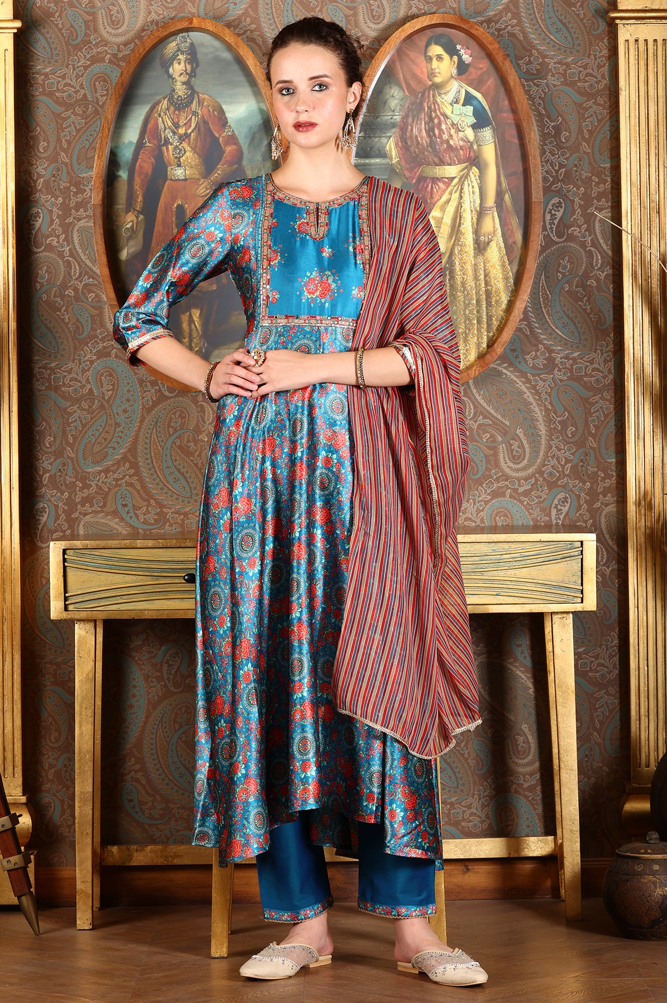 Cerulean Blue Floral Printed Japanese Satin Kurta, Pants And Dupatta Set