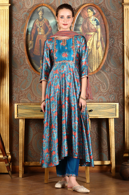 Cerulean Blue Floral Printed Japanese Satin Kurta, Pants And Dupatta Set