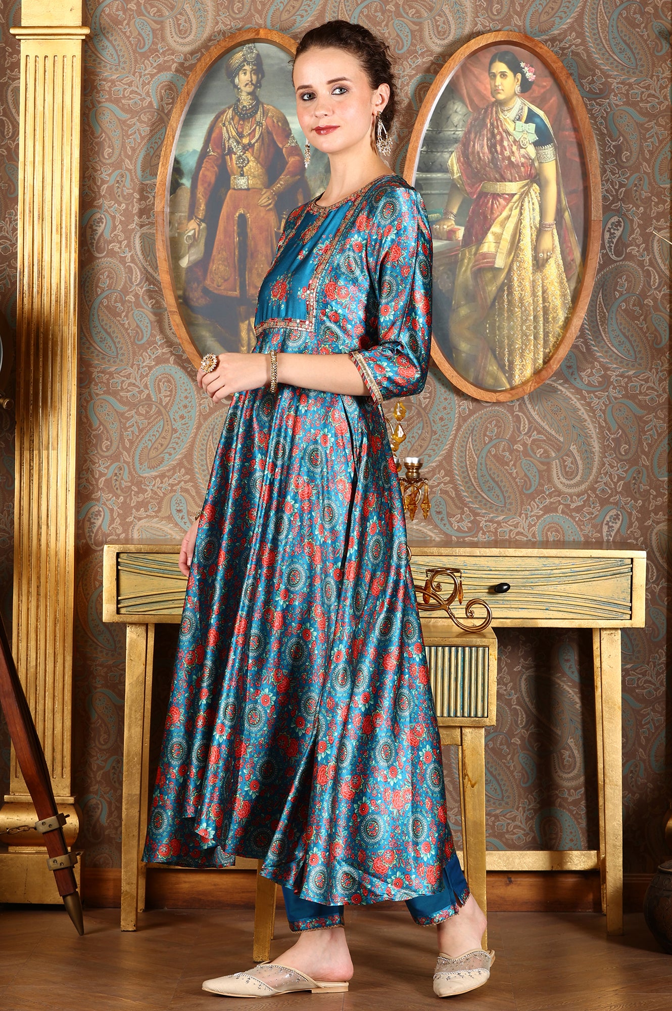 Cerulean Blue Floral Printed Japanese Satin Kurta, Pants And Dupatta Set