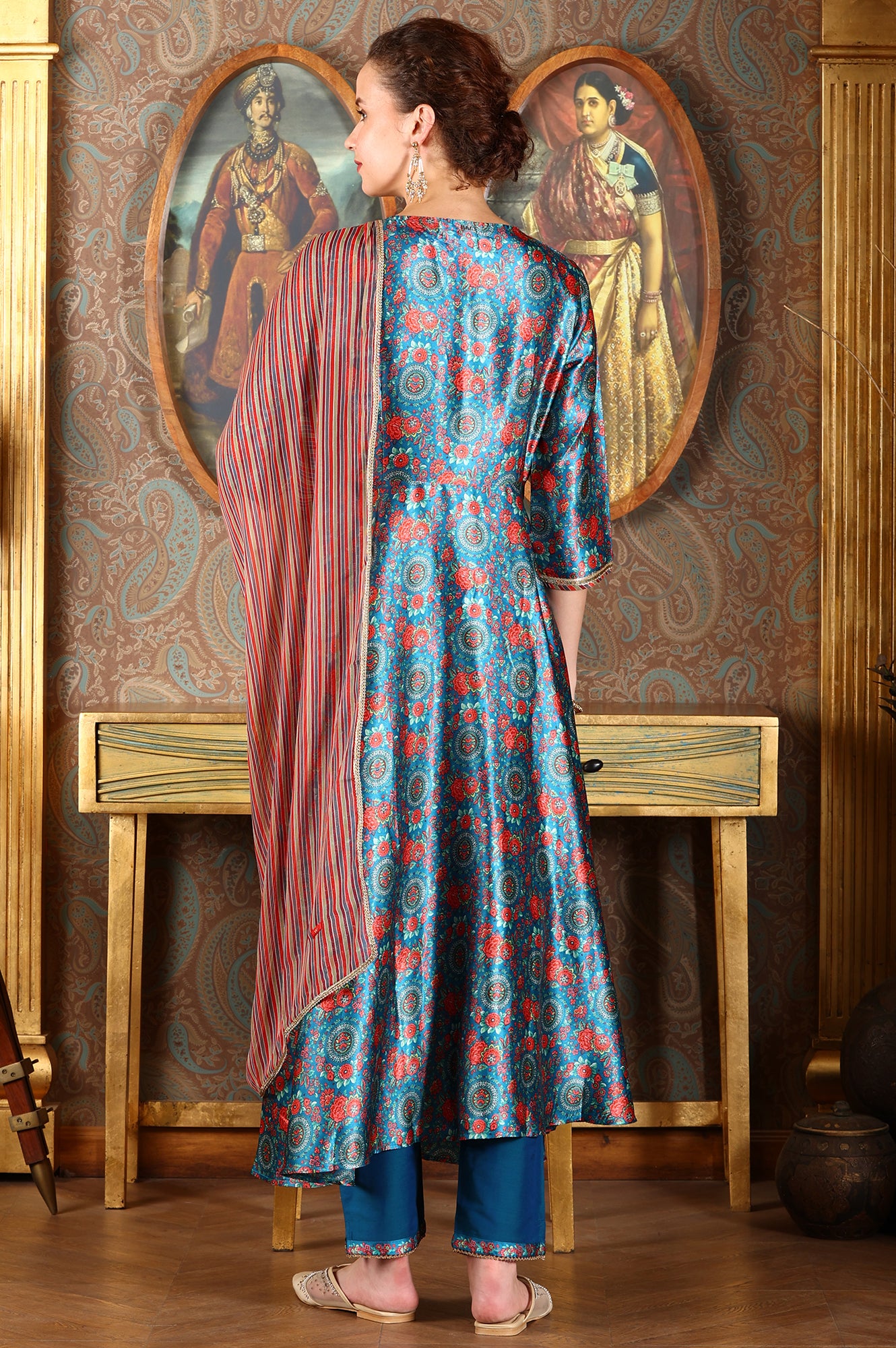 Cerulean Blue Floral Printed Japanese Satin Kurta, Pants And Dupatta Set