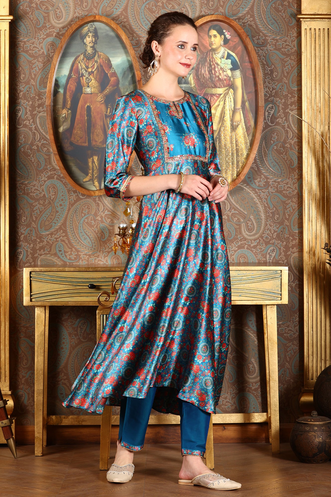 Cerulean Blue Floral Printed Japanese Satin Kurta, Pants And Dupatta Set