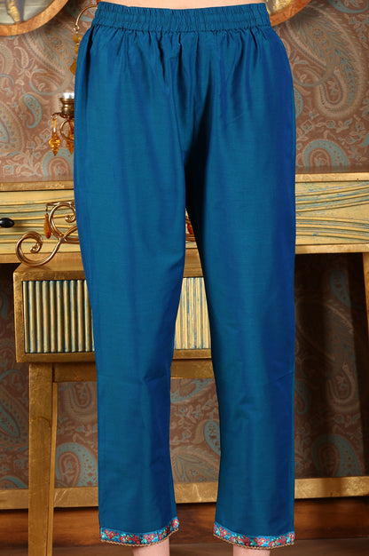 Cerulean Blue Floral Printed Japanese Satin Kurta, Pants And Dupatta Set