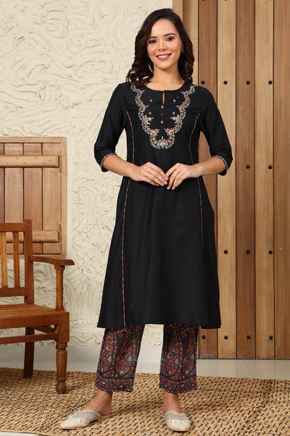 Black Solid Metallic Embroidered Straight Kurta, Pants And Dupatta Set