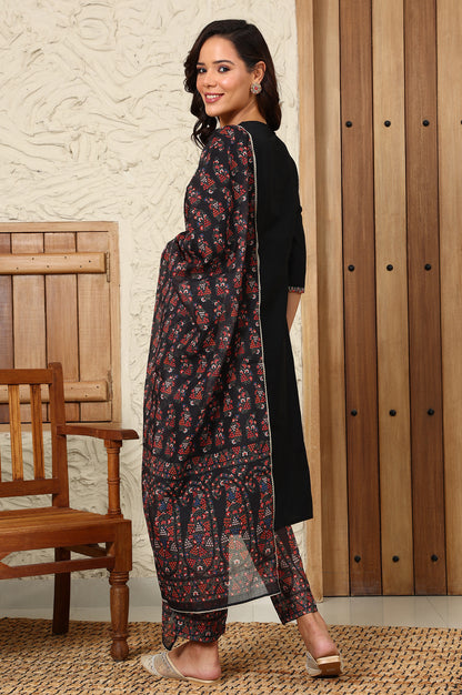 Black Solid Metallic Embroidered Straight Kurta, Pants And Dupatta Set