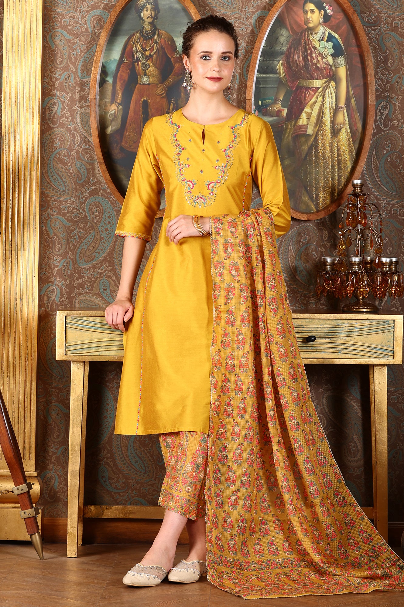 Yellow Solid Embroidered Yoke Kurta, Pants And Printed Kota Dupatta Set