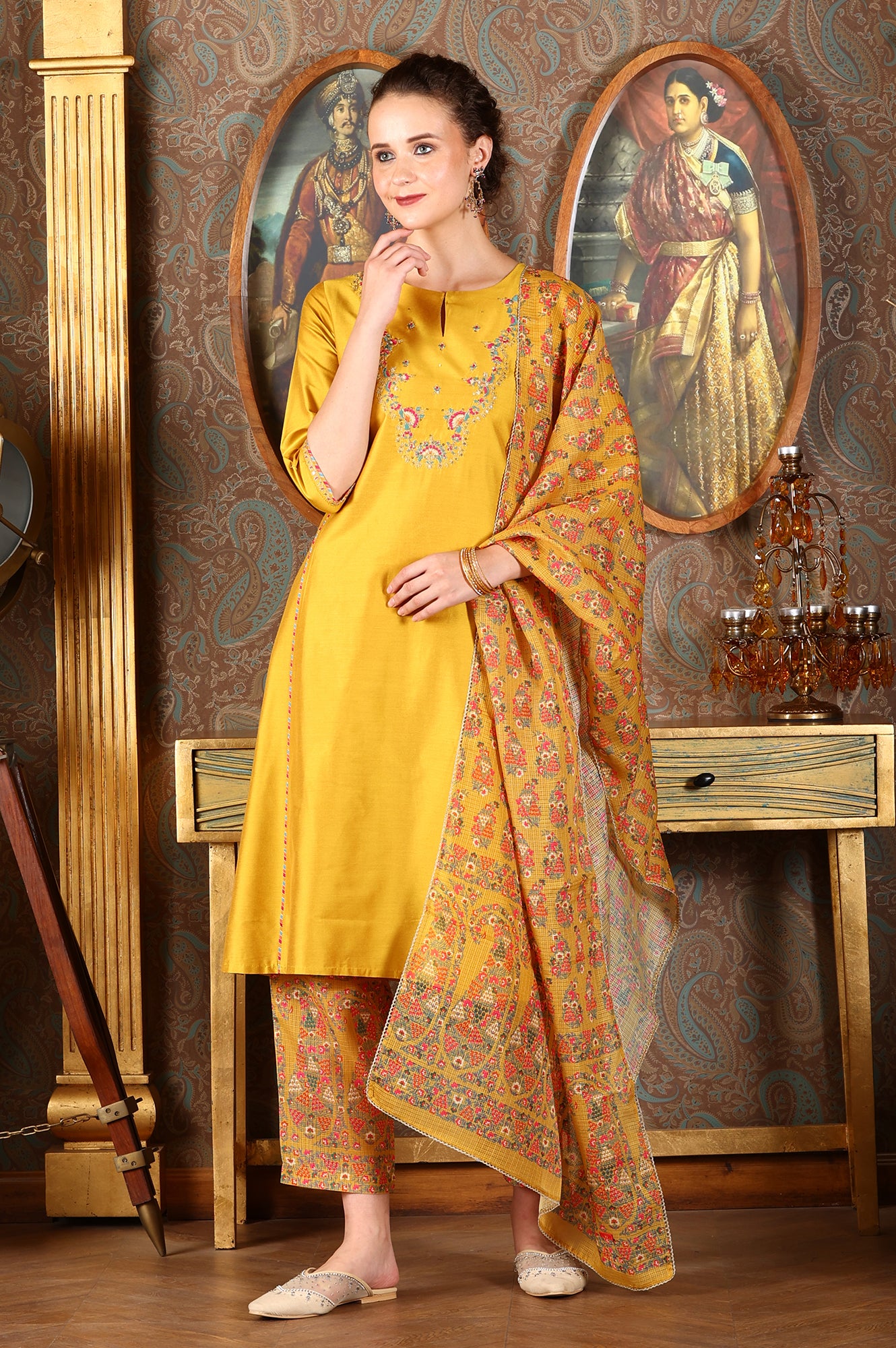 Yellow Solid Embroidered Yoke Kurta, Pants And Printed Kota Dupatta Set