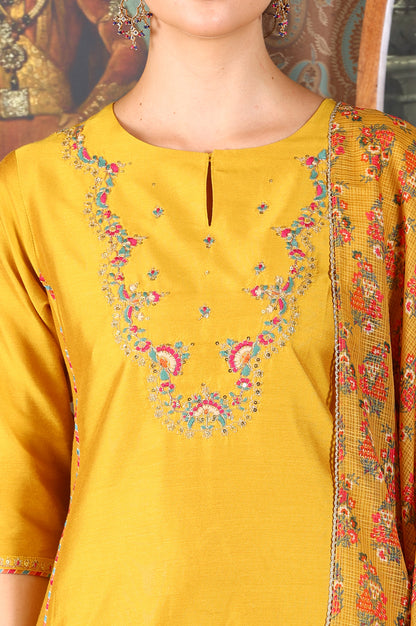 Yellow Solid Embroidered Yoke Kurta, Pants And Printed Kota Dupatta Set