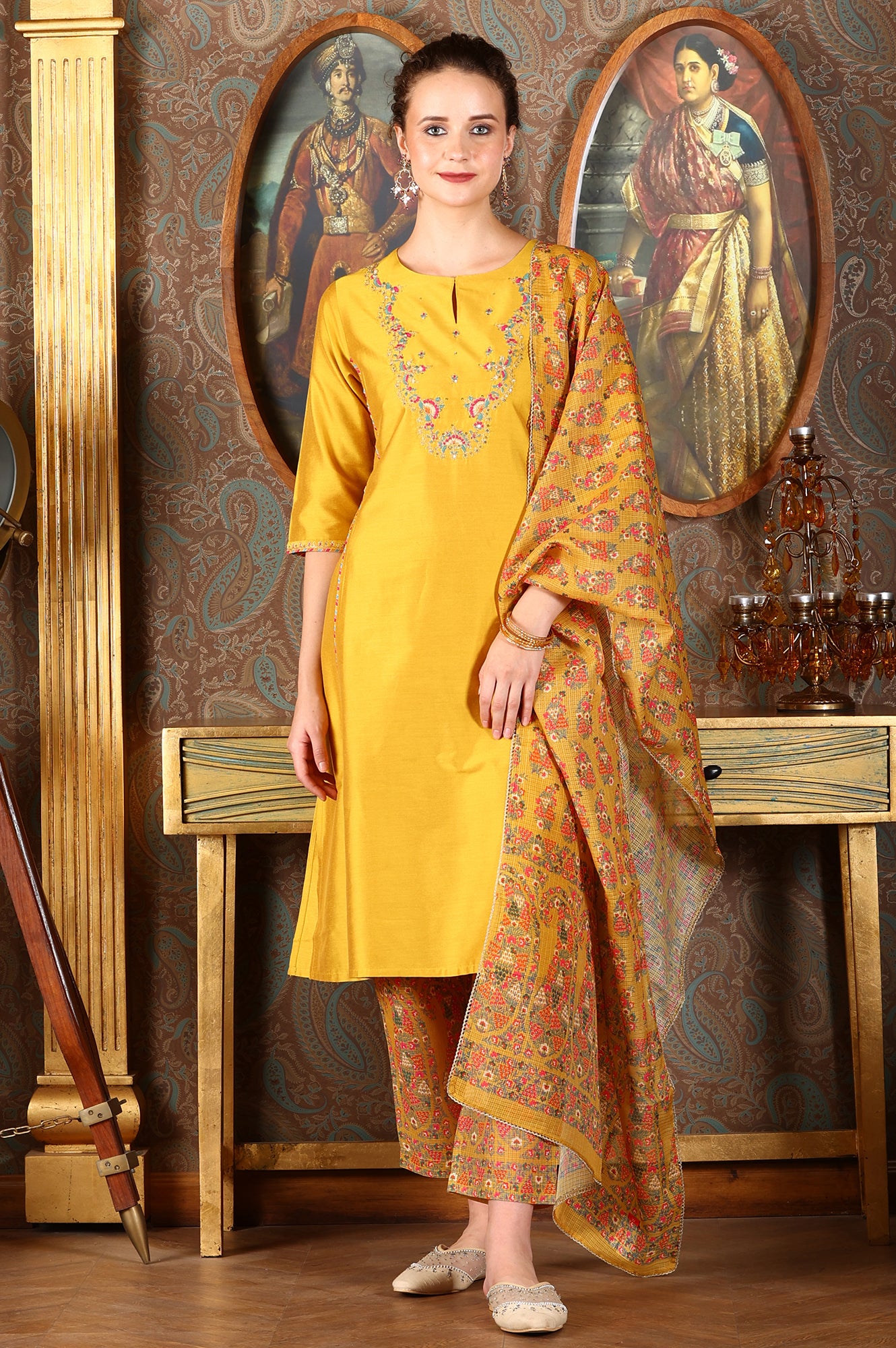 Yellow Solid Embroidered Yoke Kurta, Pants And Printed Kota Dupatta Set