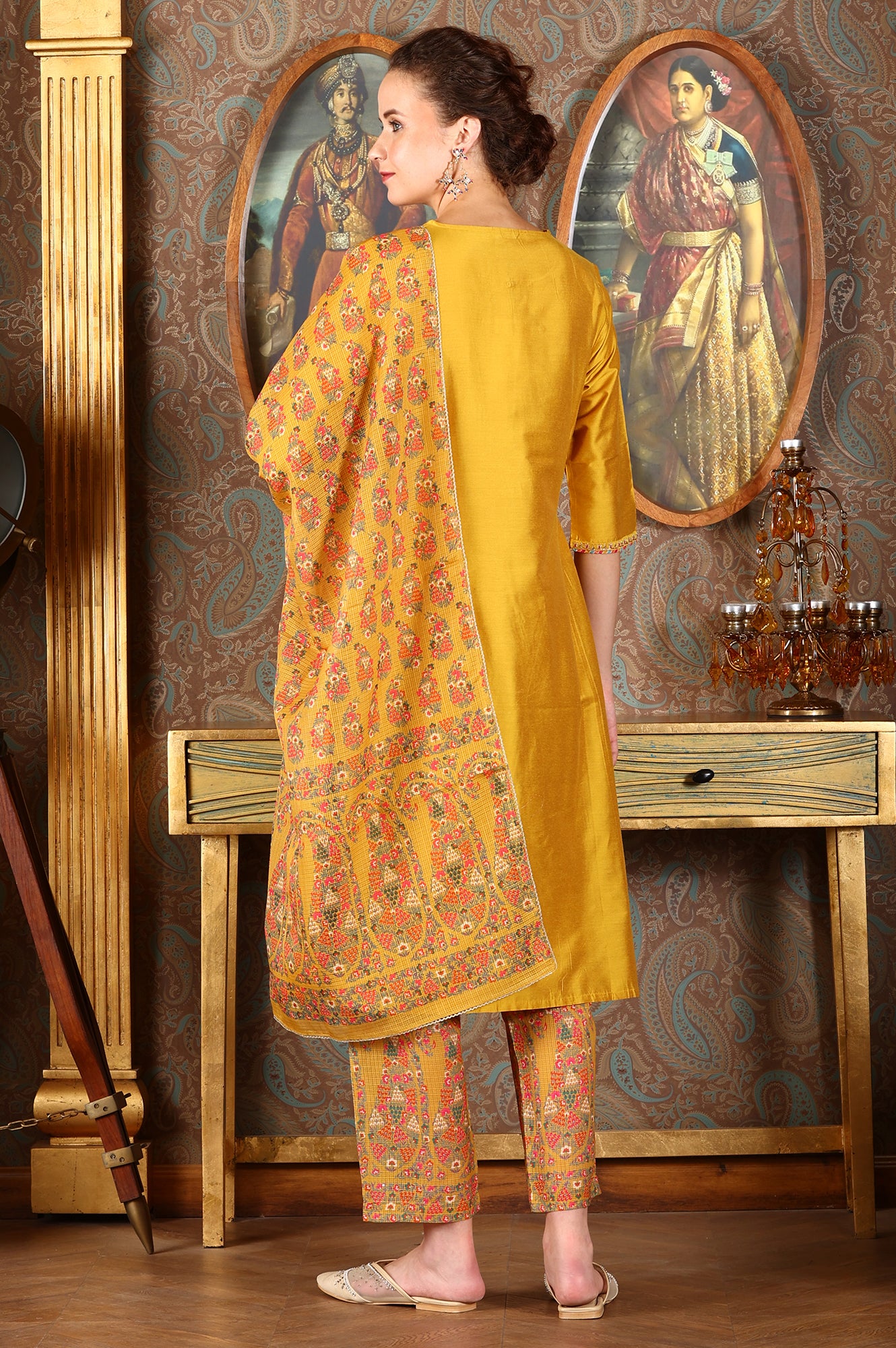 Yellow Solid Embroidered Yoke Kurta, Pants And Printed Kota Dupatta Set