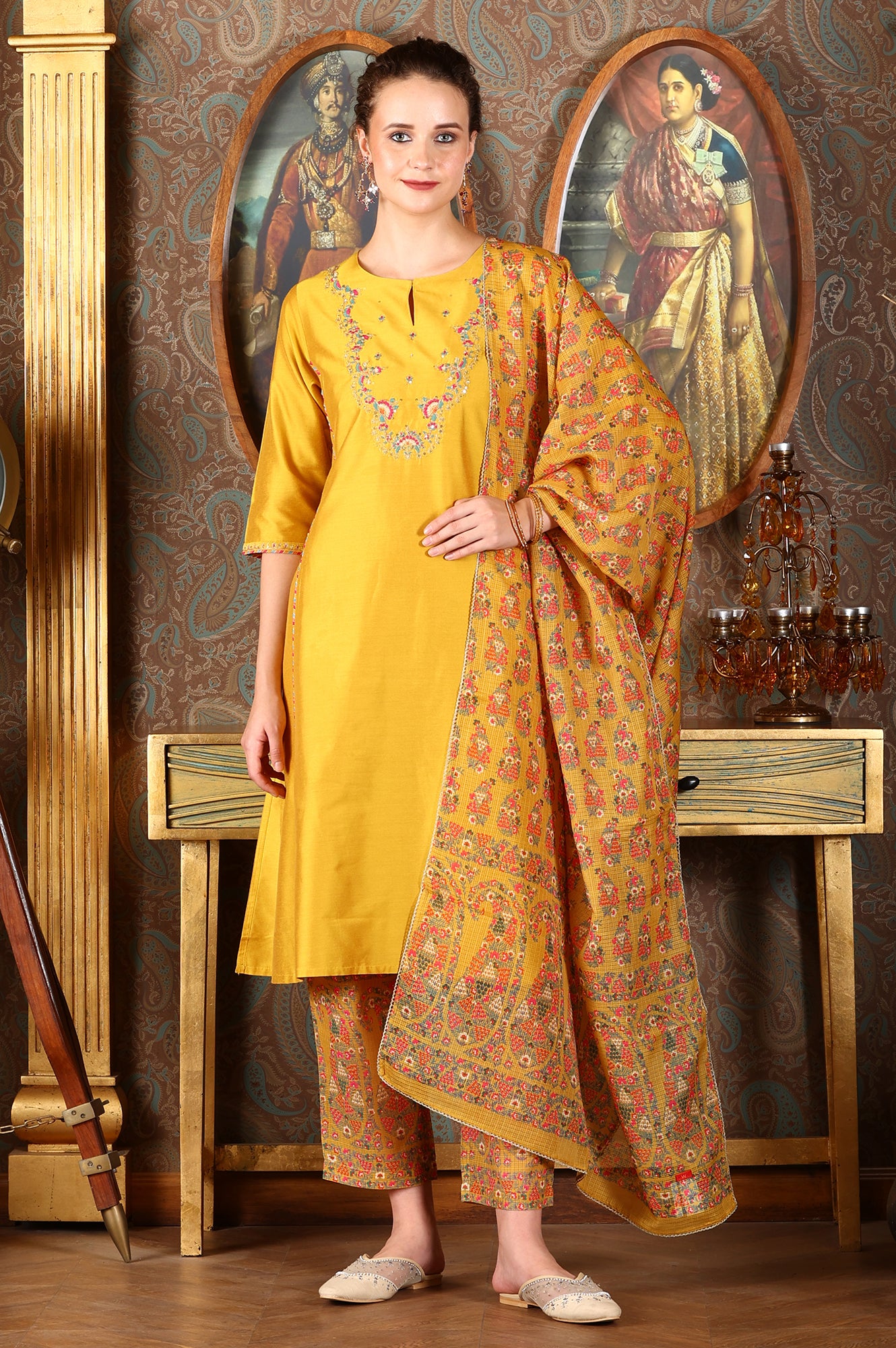 Yellow Solid Embroidered Yoke Kurta, Pants And Printed Kota Dupatta Set