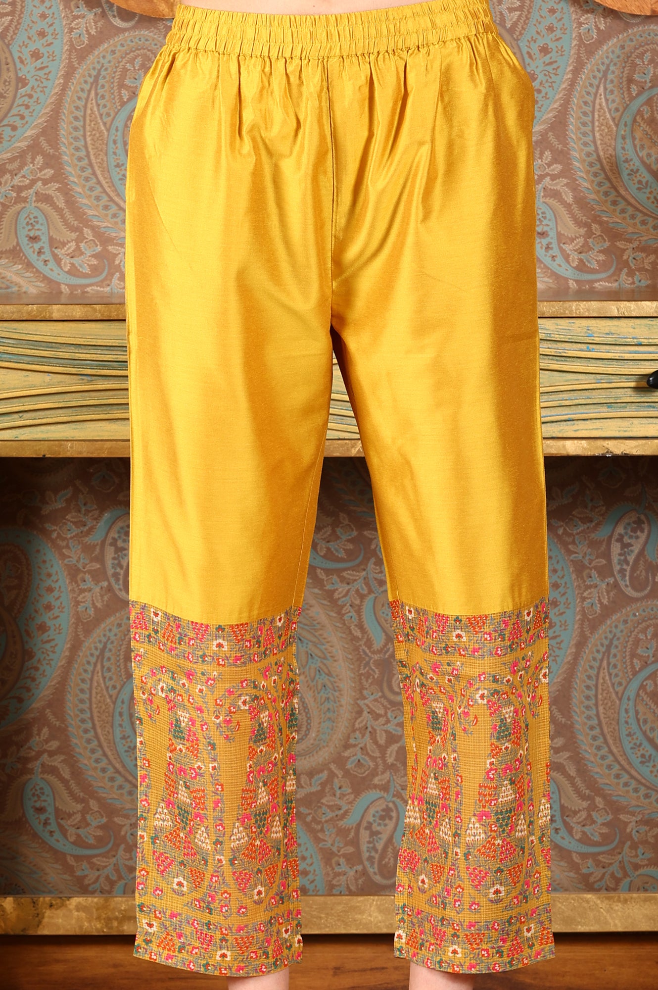 Yellow Solid Embroidered Yoke Kurta, Pants And Printed Kota Dupatta Set