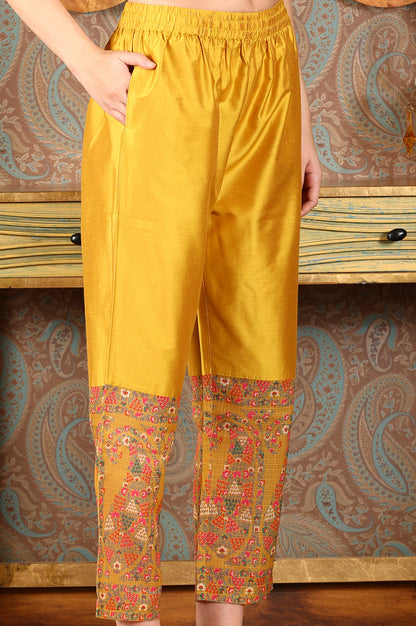 Yellow Solid Embroidered Yoke Kurta, Pants And Printed Kota Dupatta Set