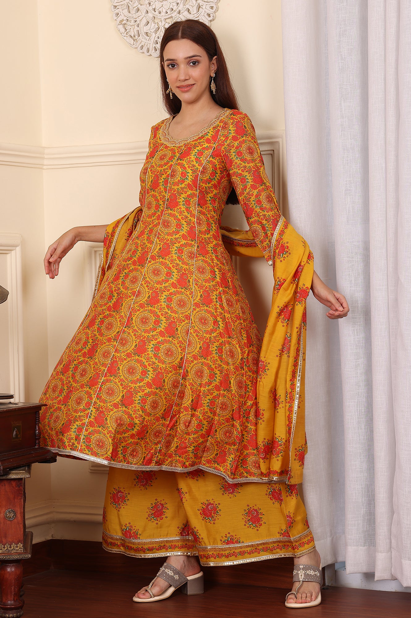 Mustard Yellow Floral Printed Chanderi Anarkali Kurta With Embroidery, Flared Pants And Dupatta Set - wforwoman