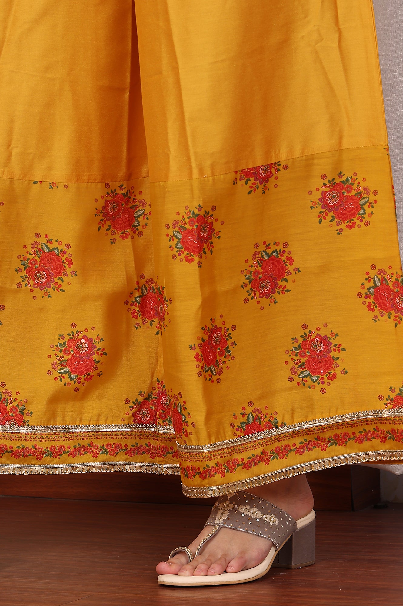 Mustard Yellow Floral Printed Chanderi Anarkali Kurta With Embroidery, Flared Pants And Dupatta Set