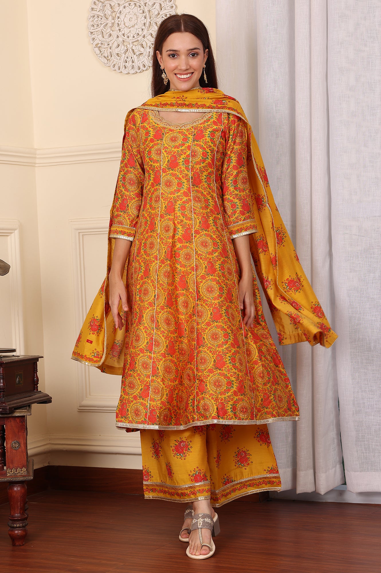 Mustard Yellow Floral Printed Chanderi Anarkali Kurta With Embroidery, Flared Pants And Dupatta Set - wforwoman