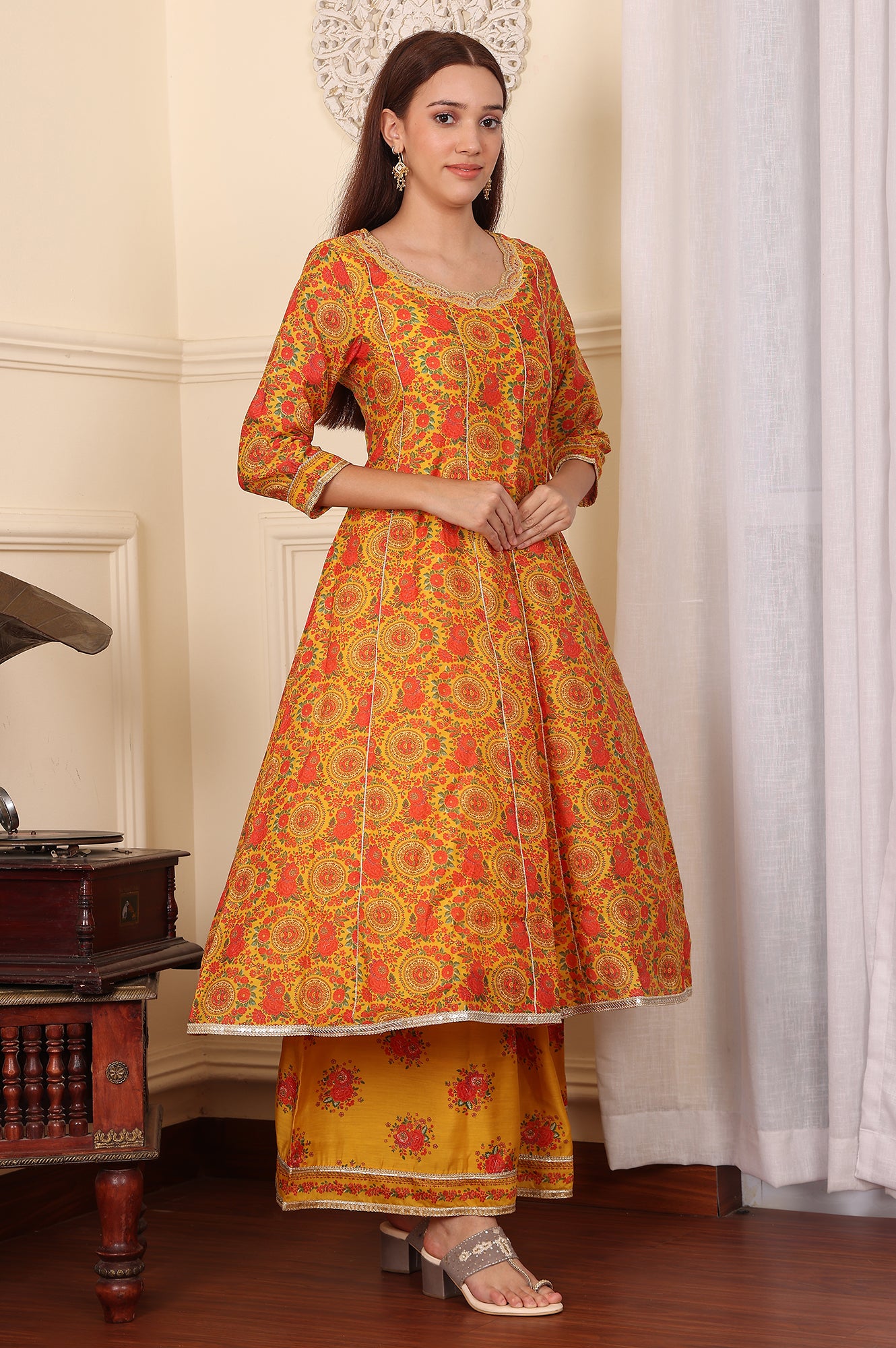 Mustard Yellow Floral Printed Chanderi Anarkali Kurta With Embroidery, Flared Pants And Dupatta Set - wforwoman