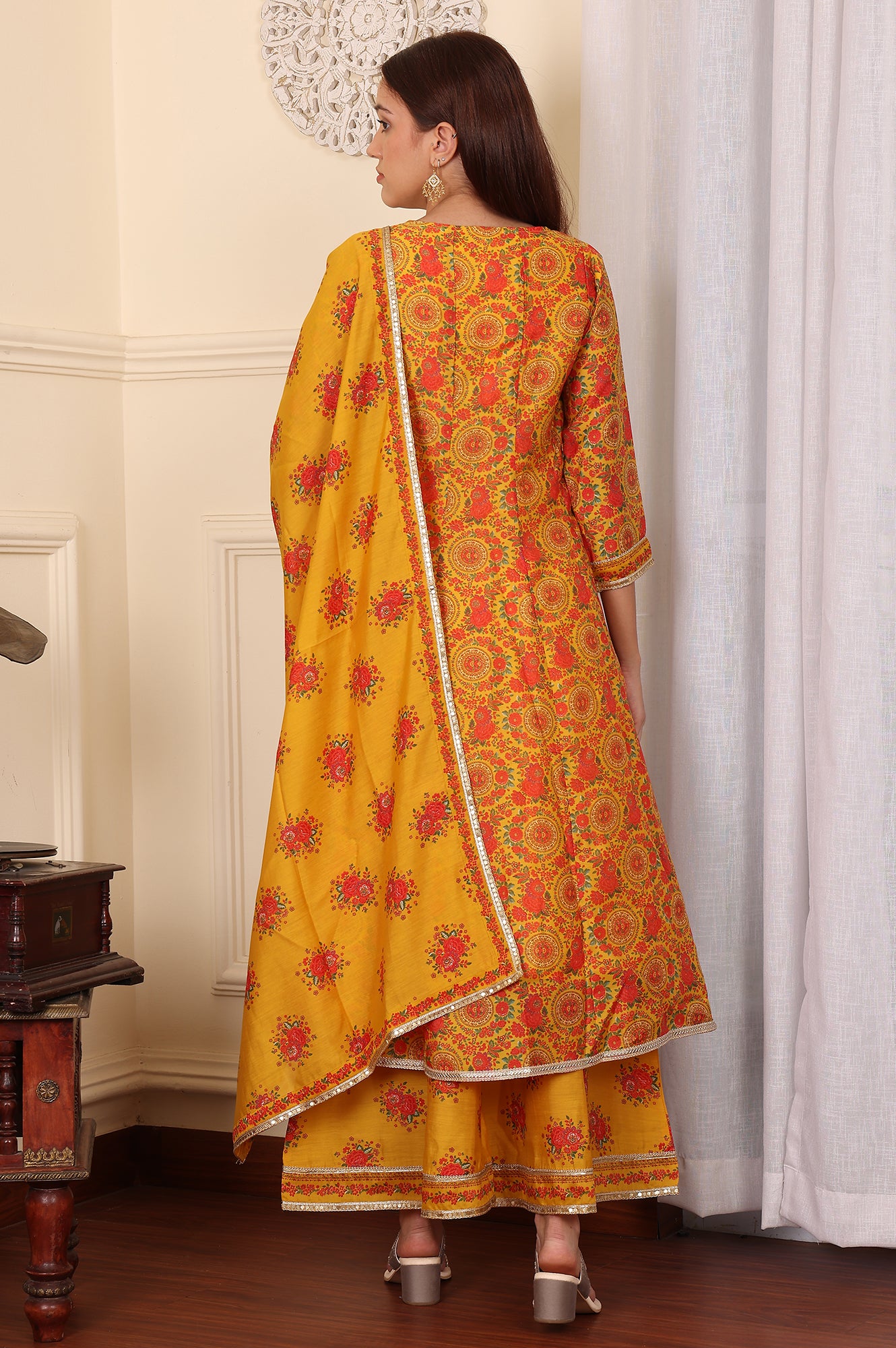 Mustard Yellow Floral Printed Chanderi Anarkali Kurta With Embroidery, Flared Pants And Dupatta Set - wforwoman