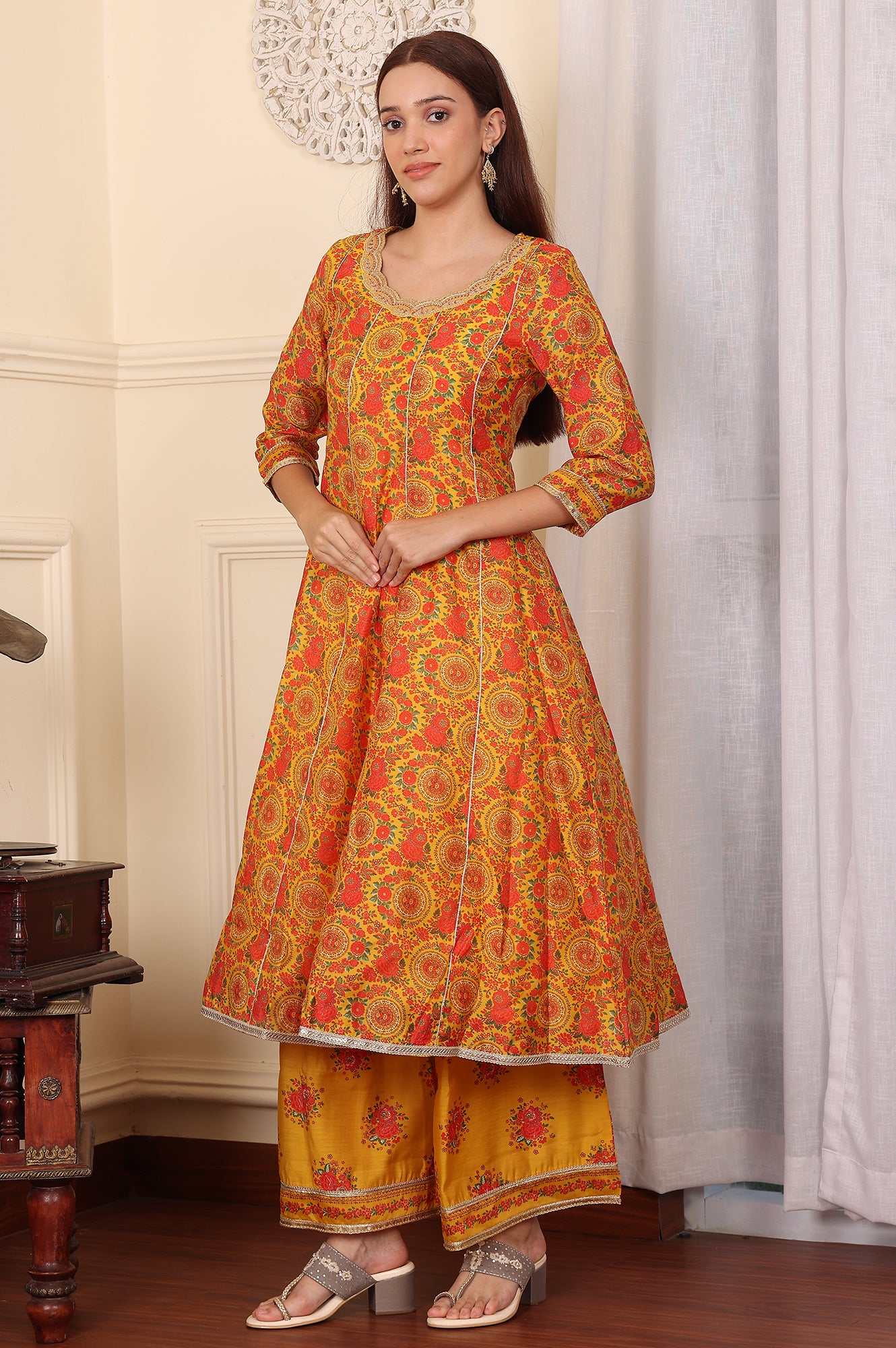 Mustard Yellow Floral Printed Chanderi Anarkali Kurta With Embroidery, Flared Pants And Dupatta Set - wforwoman