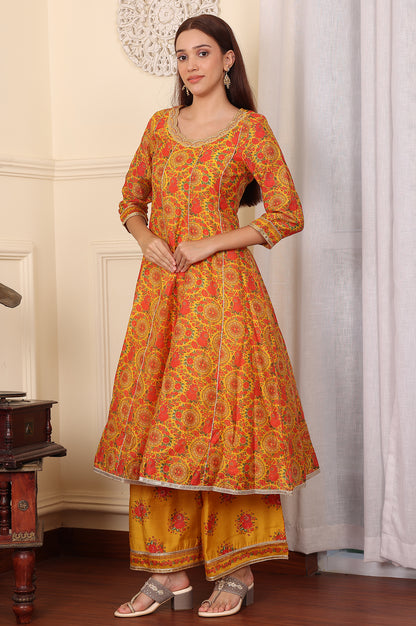 Mustard Yellow Floral Printed Chanderi Anarkali Kurta With Embroidery, Flared Pants And Dupatta Set - wforwoman