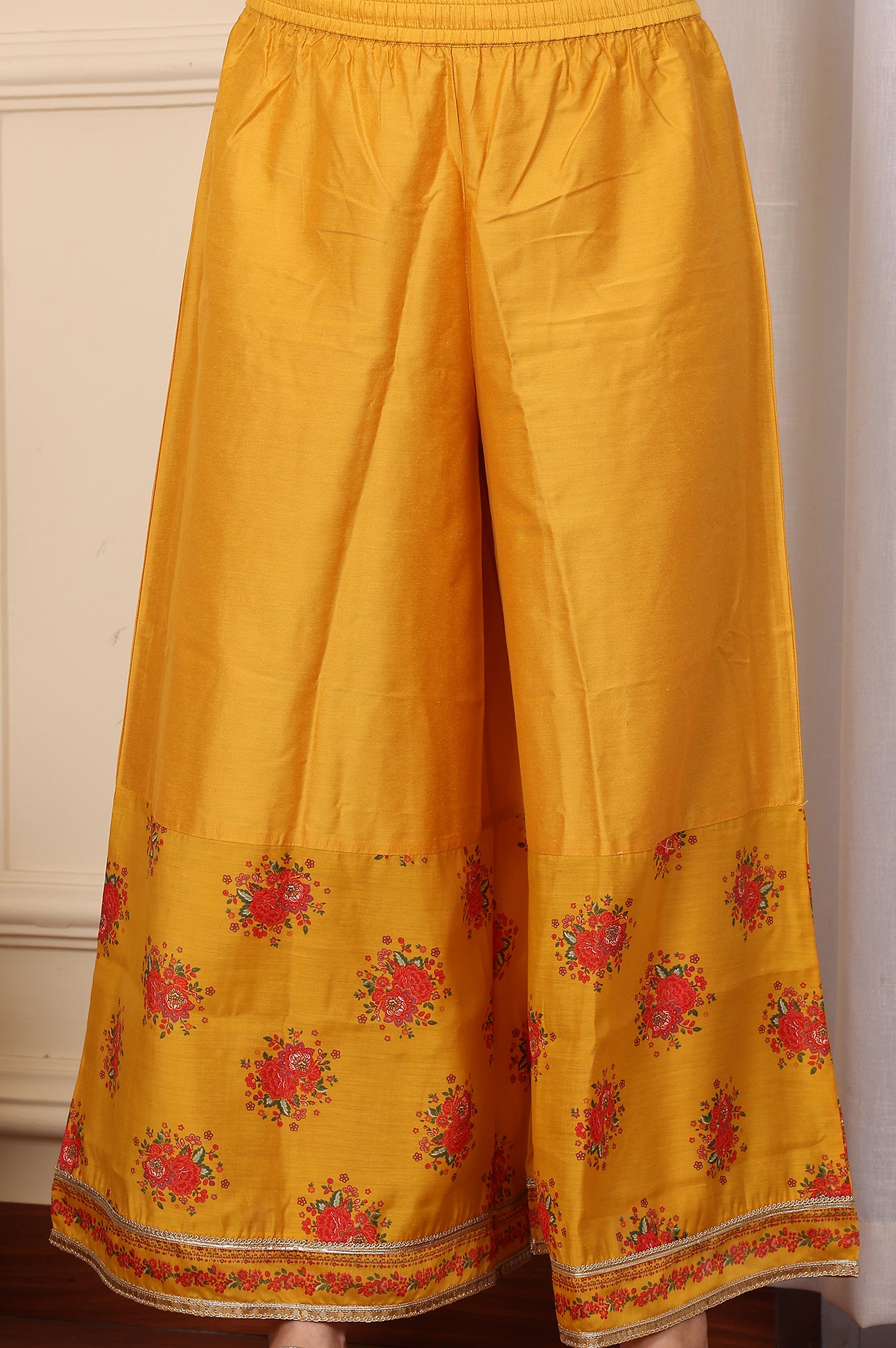 Mustard Yellow Floral Printed Chanderi Anarkali Kurta With Embroidery, Flared Pants And Dupatta Set