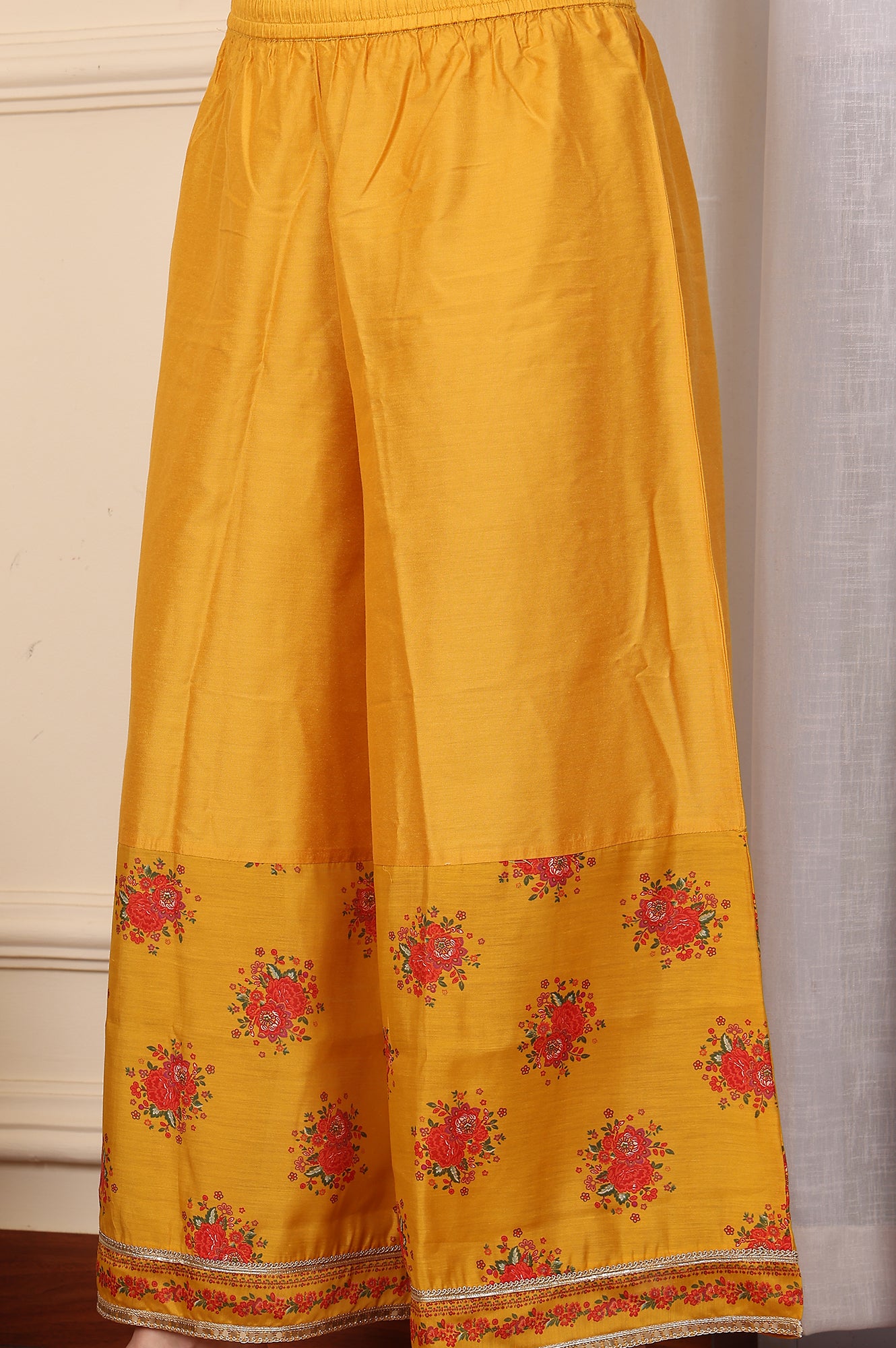 Mustard Yellow Floral Printed Chanderi Anarkali Kurta With Embroidery, Flared Pants And Dupatta Set