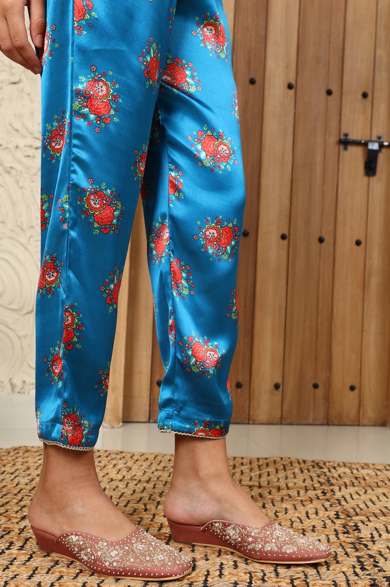 Teal Blue Floral Printed Japenese Satin Embroidered A-Line Kurta And Pants Set With Dupatta