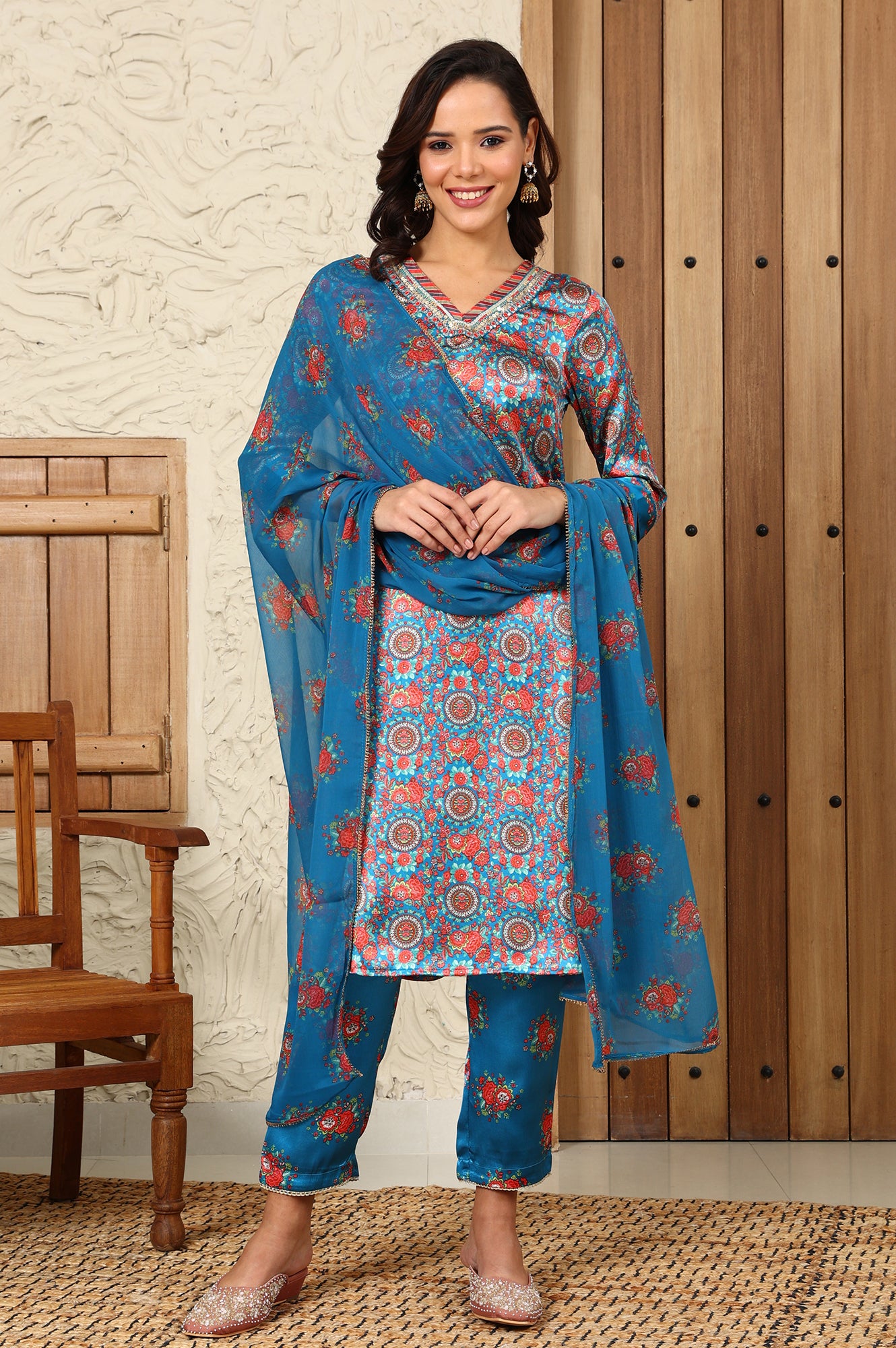 Teal Blue Floral Printed Japenese Satin Embroidered A-Line Kurta And Pants Set With Dupatta