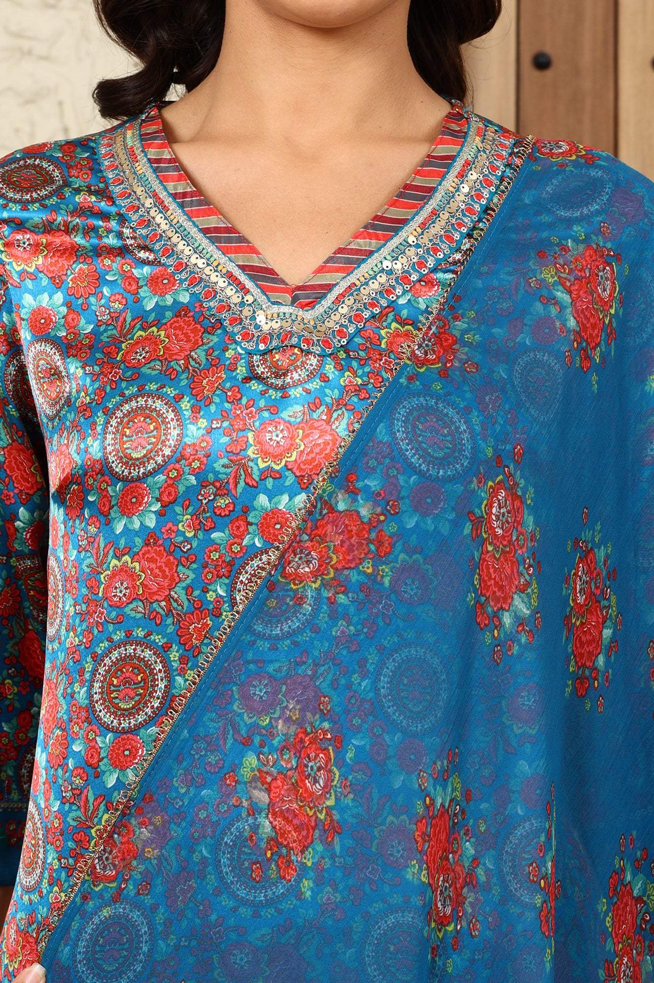 Teal Blue Floral Printed Japenese Satin Embroidered A-Line Kurta And Pants Set With Dupatta