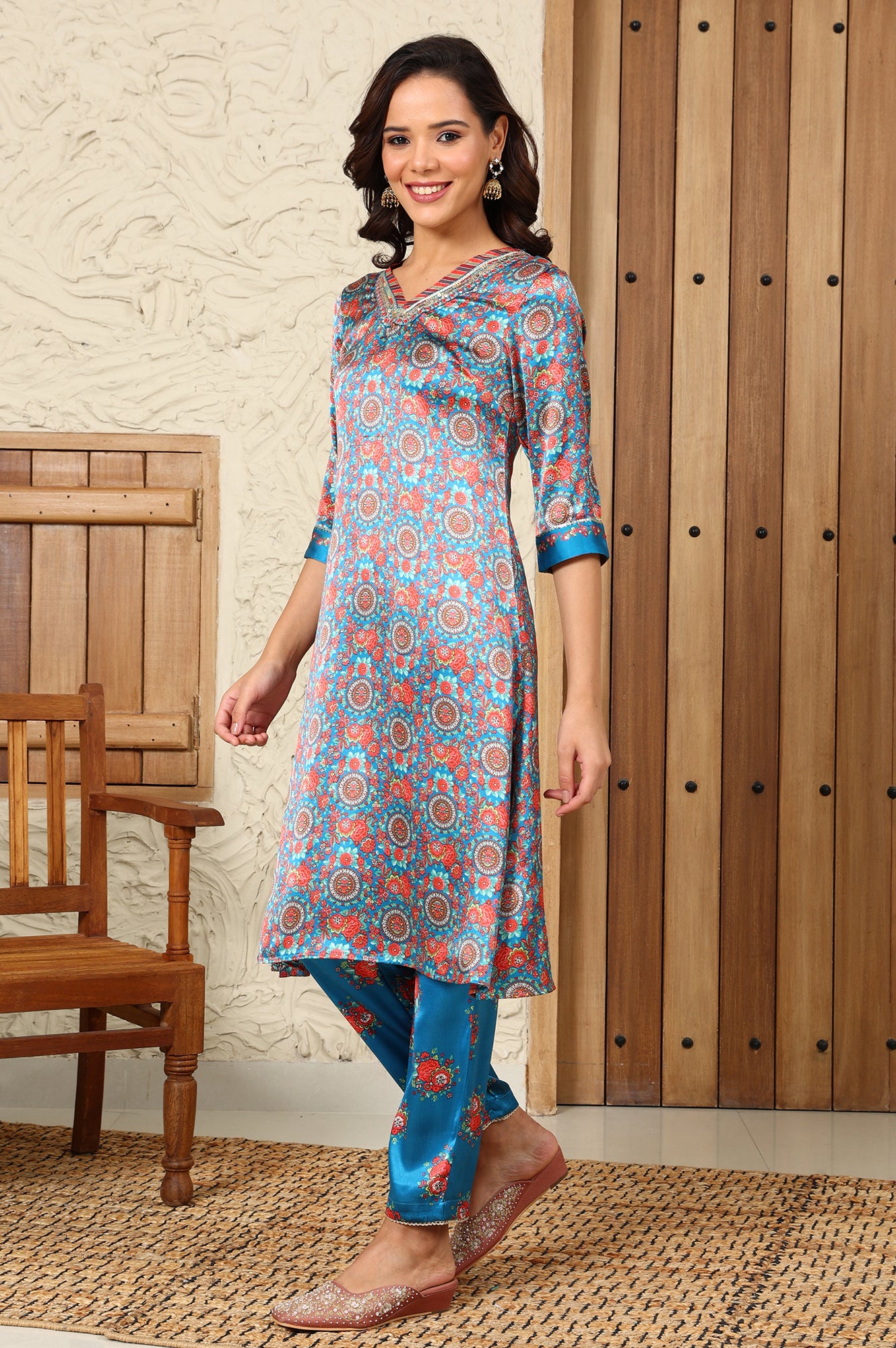 Teal Blue Floral Printed Japenese Satin Embroidered A-Line Kurta And Pants Set With Dupatta