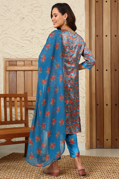 Teal Blue Floral Printed Japenese Satin Embroidered A-Line Kurta And Pants Set With Dupatta