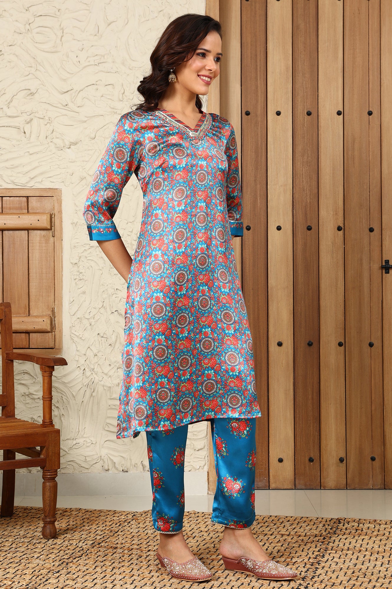 Teal Blue Floral Printed Japenese Satin Embroidered A-Line Kurta And Pants Set With Dupatta