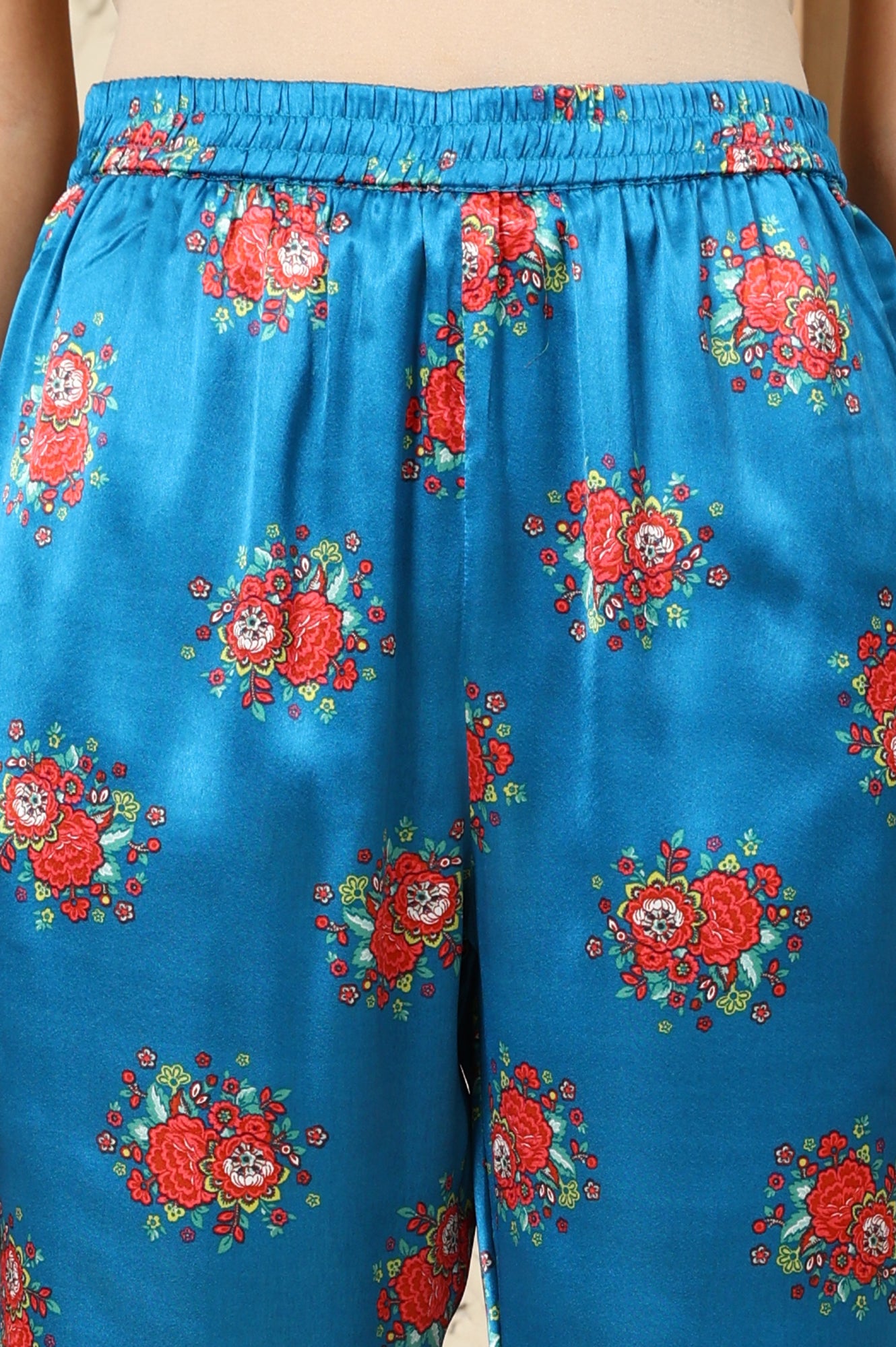 Teal Blue Floral Printed Japenese Satin Embroidered A-Line Kurta And Pants Set With Dupatta