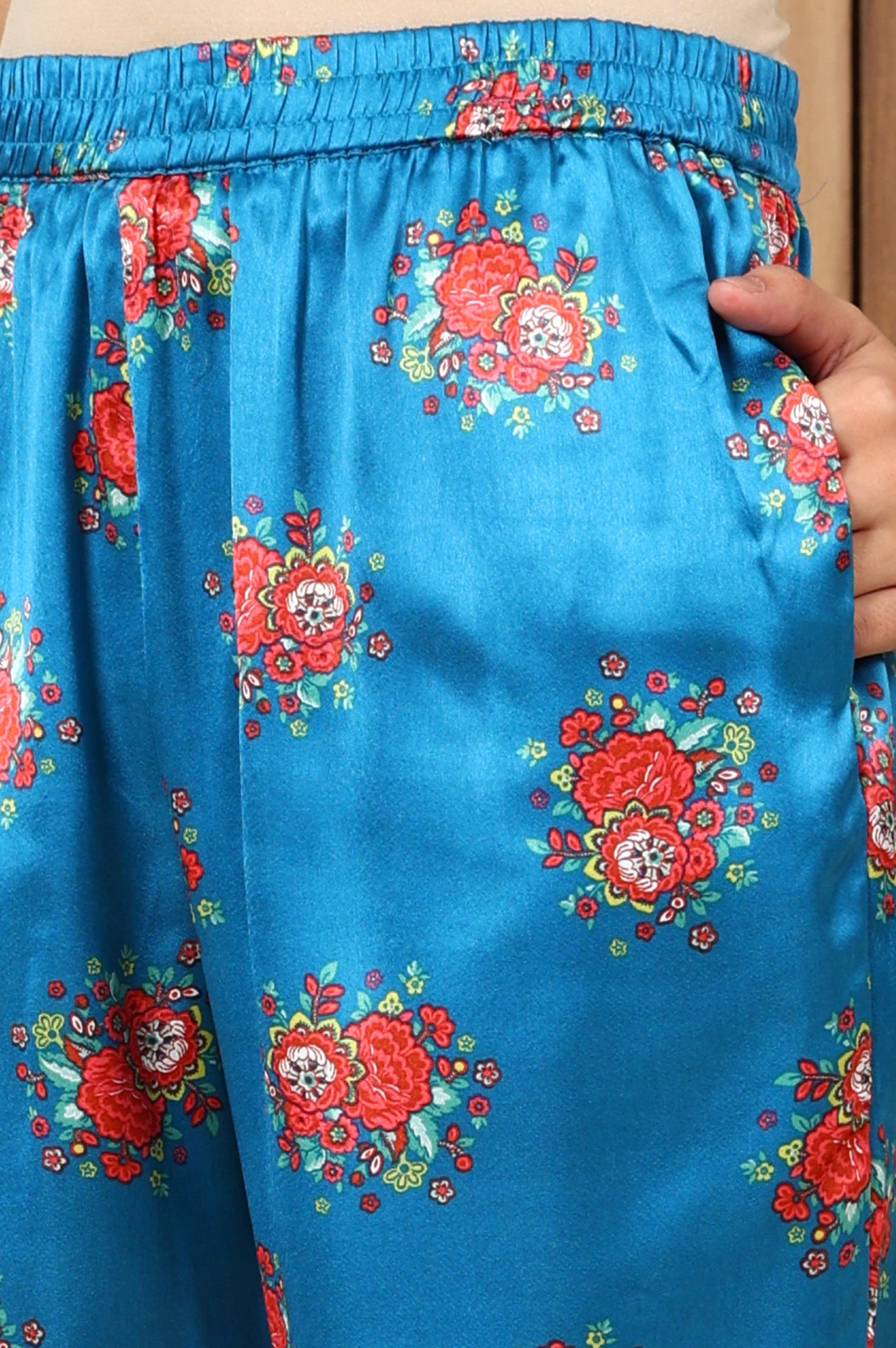 Teal Blue Floral Printed Japenese Satin Embroidered A-Line Kurta And Pants Set With Dupatta