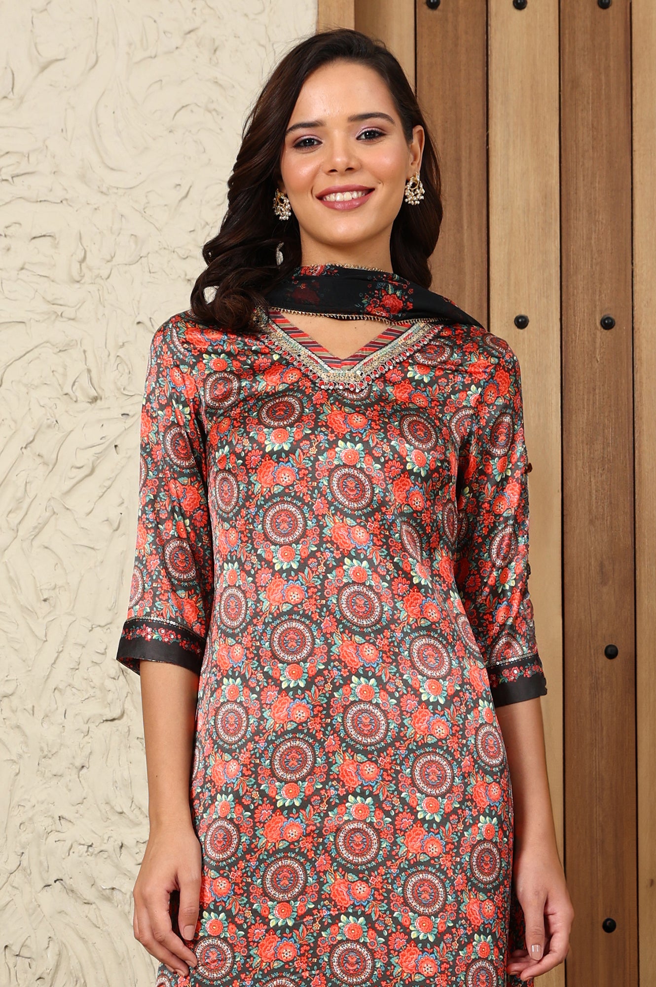 Black Floral Printed Japenese Satin Embroidered A-Line Kurta And Pants Set With Dupatta