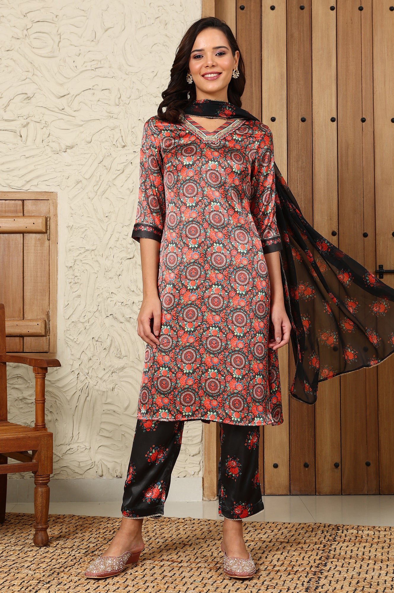 Black Floral Printed Japenese Satin Embroidered A-Line Kurta And Pants Set With Dupatta