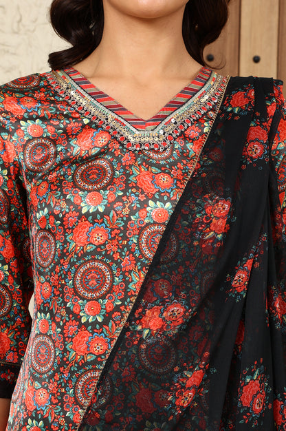 Black Floral Printed Japenese Satin Embroidered A-Line Kurta And Pants Set With Dupatta