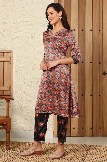 Black Floral Printed Japenese Satin Embroidered A-Line Kurta And Pants Set With Dupatta