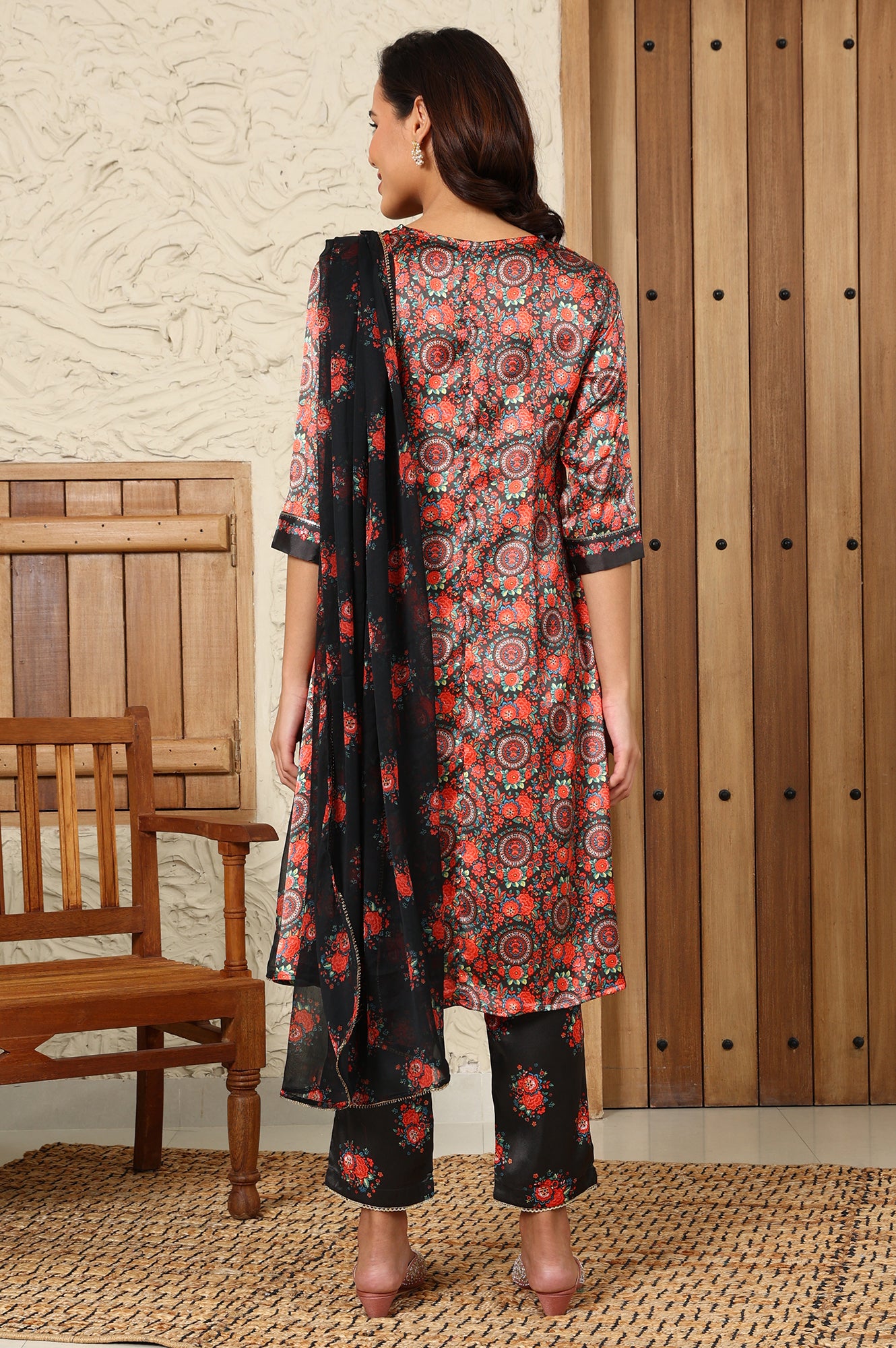 Black Floral Printed Japenese Satin Embroidered A-Line Kurta And Pants Set With Dupatta