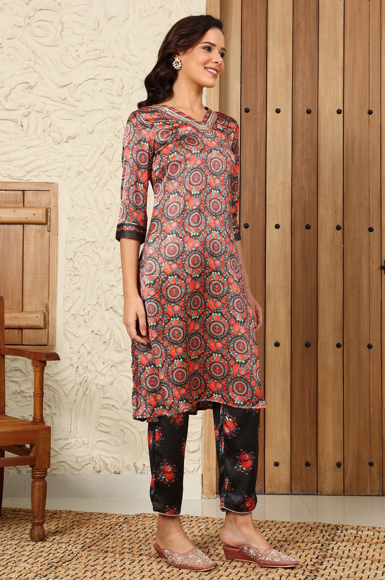 Black Floral Printed Japenese Satin Embroidered A-Line Kurta And Pants Set With Dupatta