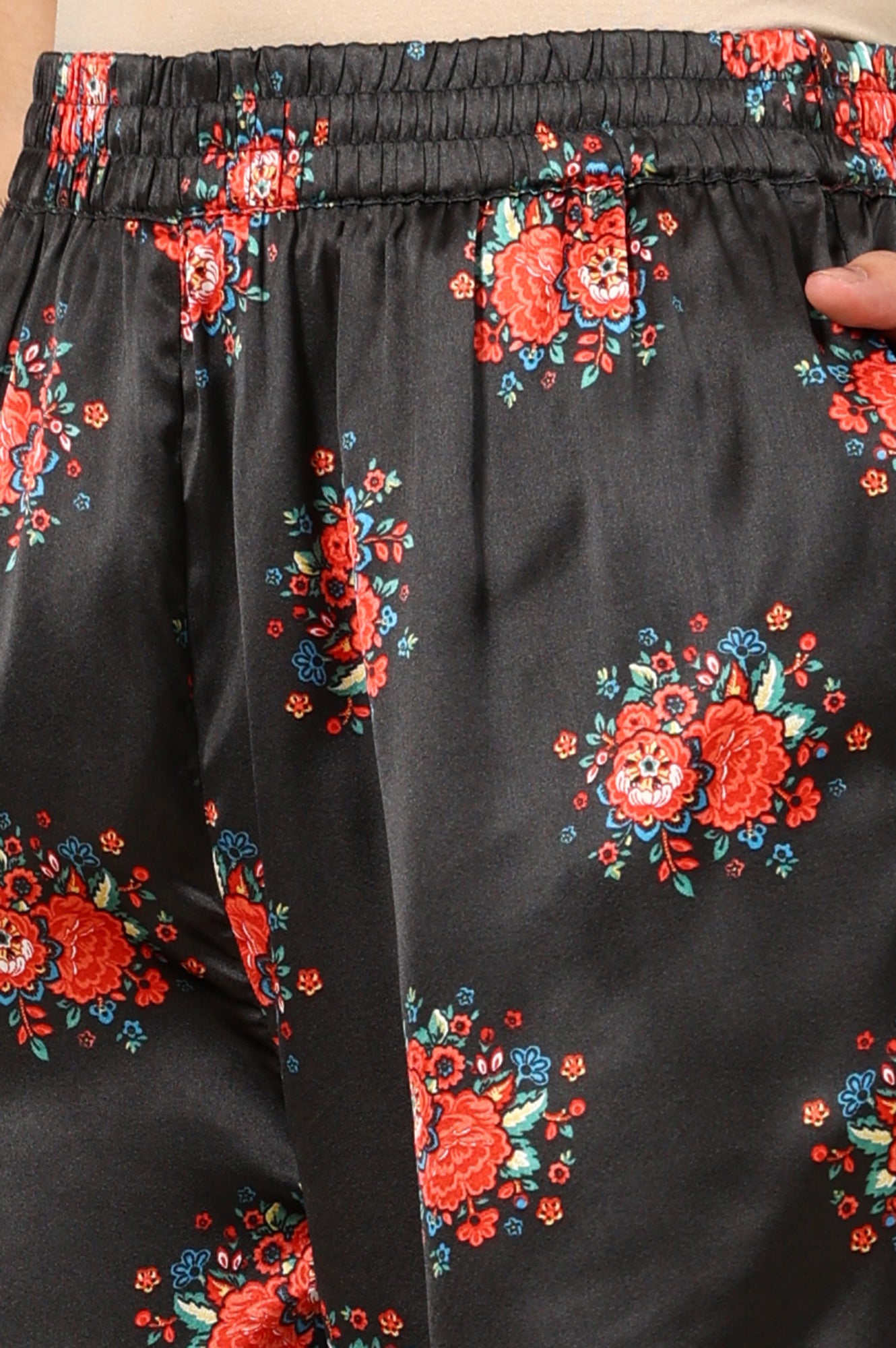 Black Floral Printed Japenese Satin Embroidered A-Line Kurta And Pants Set With Dupatta