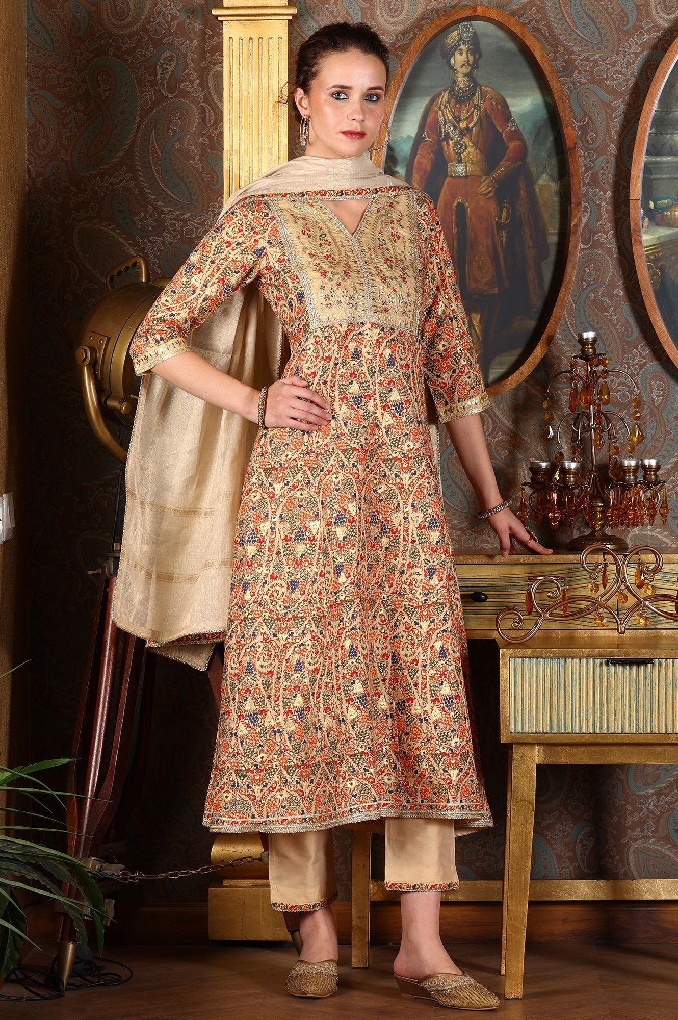 Cream Floral Printed Sequined Kota Flared Kurta, Pants And Dupatta Set